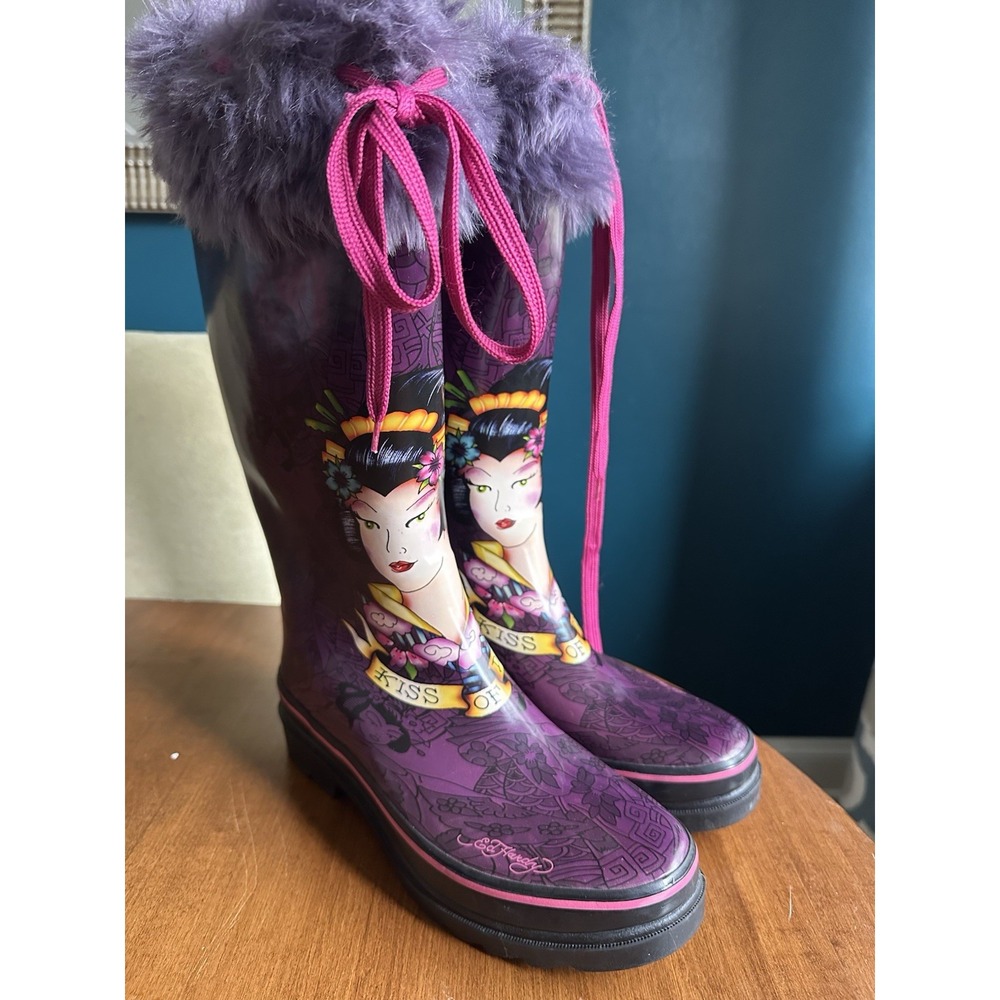 VTG Y2K Ed Hardy Kiss Of Death Geisha Faux Fur Boots Womens 8